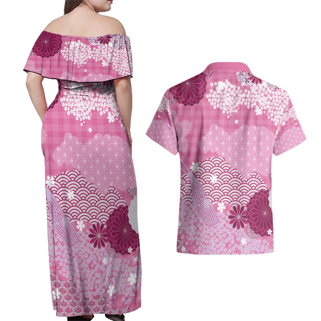 Pink Palaka Japanese Patterns Couples Matching Off Shoulder Maxi Dress and Hawaiian Shirt Asanoha Seigaiha Sakura Motif - Polynesian Pride