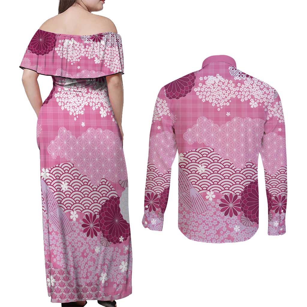 Pink Palaka Japanese Patterns Couples Matching Off Shoulder Maxi Dress and Long Sleeve Button Shirt Asanoha Seigaiha Sakura Motif - Polynesian Pride