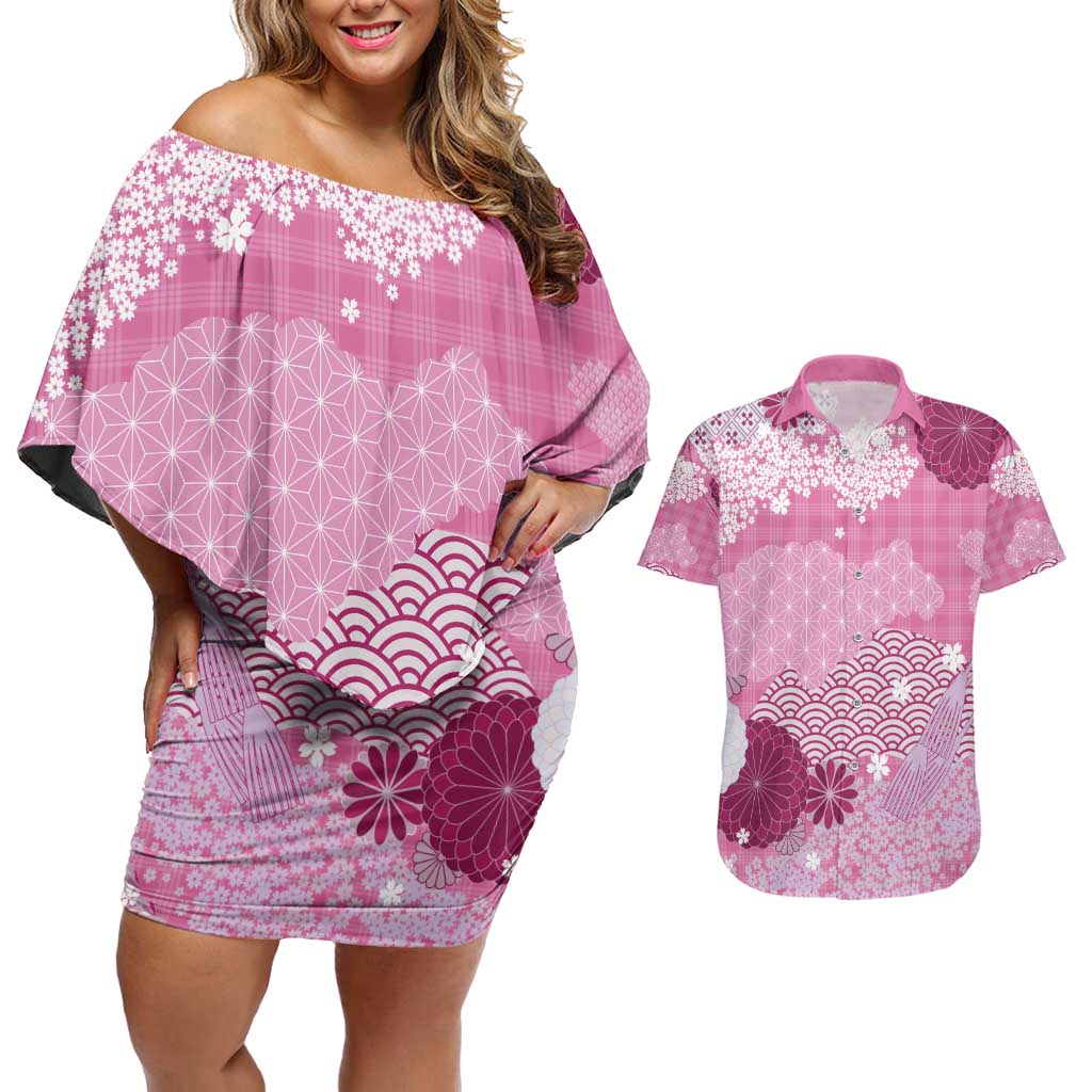 Pink Palaka Japanese Patterns Couples Matching Off Shoulder Short Dress and Hawaiian Shirt Asanoha Seigaiha Sakura Motif - Polynesian Pride