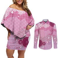 Pink Palaka Japanese Patterns Couples Matching Off Shoulder Short Dress and Long Sleeve Button Shirt Asanoha Seigaiha Sakura Motif - Polynesian Pride