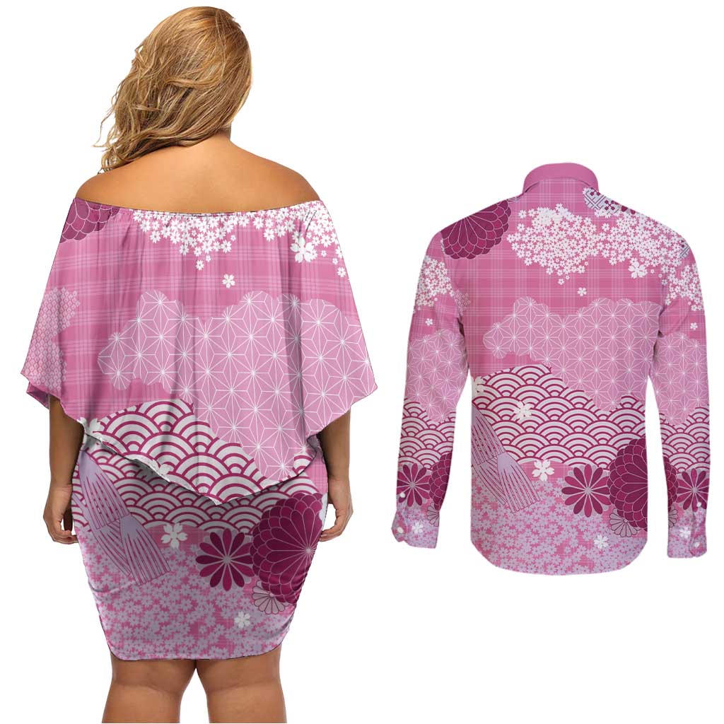 Pink Palaka Japanese Patterns Couples Matching Off Shoulder Short Dress and Long Sleeve Button Shirt Asanoha Seigaiha Sakura Motif - Polynesian Pride