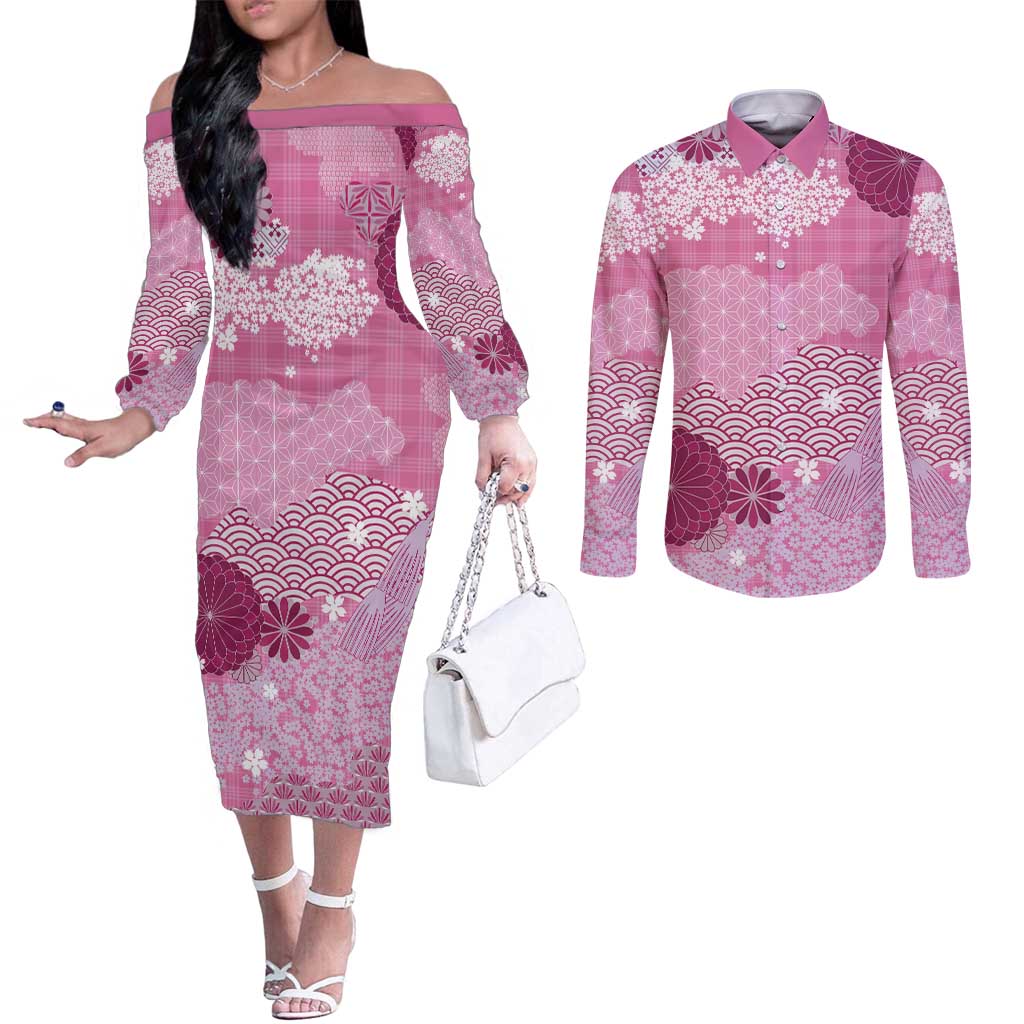 Pink Palaka Japanese Patterns Couples Matching Off The Shoulder Long Sleeve Dress and Long Sleeve Button Shirt Asanoha Seigaiha Sakura Motif - Polynesian Pride