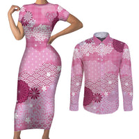 Pink Palaka Japanese Patterns Couples Matching Short Sleeve Bodycon Dress and Long Sleeve Button Shirt Asanoha Seigaiha Sakura Motif - Polynesian Pride