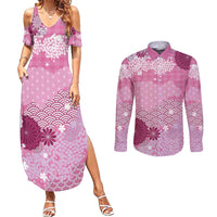 Pink Palaka Japanese Patterns Couples Matching Summer Maxi Dress and Long Sleeve Button Shirt Asanoha Seigaiha Sakura Motif - Polynesian Pride