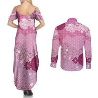 Pink Palaka Japanese Patterns Couples Matching Summer Maxi Dress and Long Sleeve Button Shirt Asanoha Seigaiha Sakura Motif - Polynesian Pride