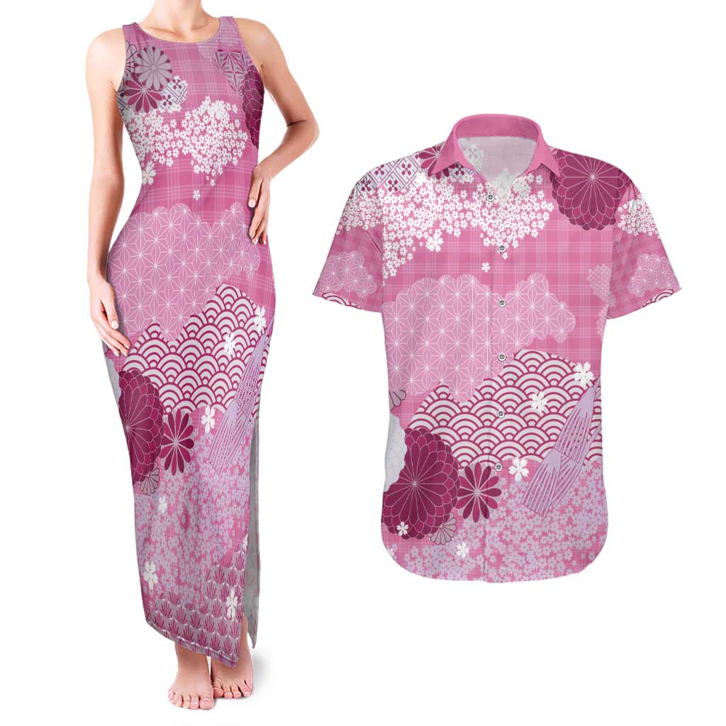 Pink Palaka Japanese Patterns Couples Matching Tank Maxi Dress and Hawaiian Shirt Asanoha Seigaiha Sakura Motif - Polynesian Pride