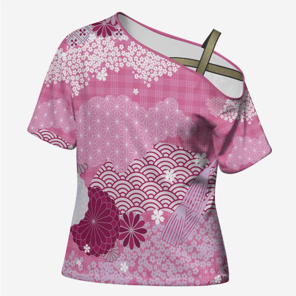 Pink Palaka Japanese Patterns Cross Shoulder Shirt Asanoha Seigaiha Sakura Motif - Polynesian Pride