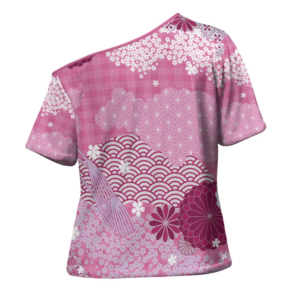 Pink Palaka Japanese Patterns Cross Shoulder Shirt Asanoha Seigaiha Sakura Motif - Polynesian Pride