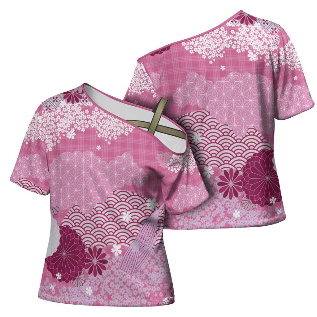 Pink Palaka Japanese Patterns Cross Shoulder Shirt Asanoha Seigaiha Sakura Motif - Polynesian Pride