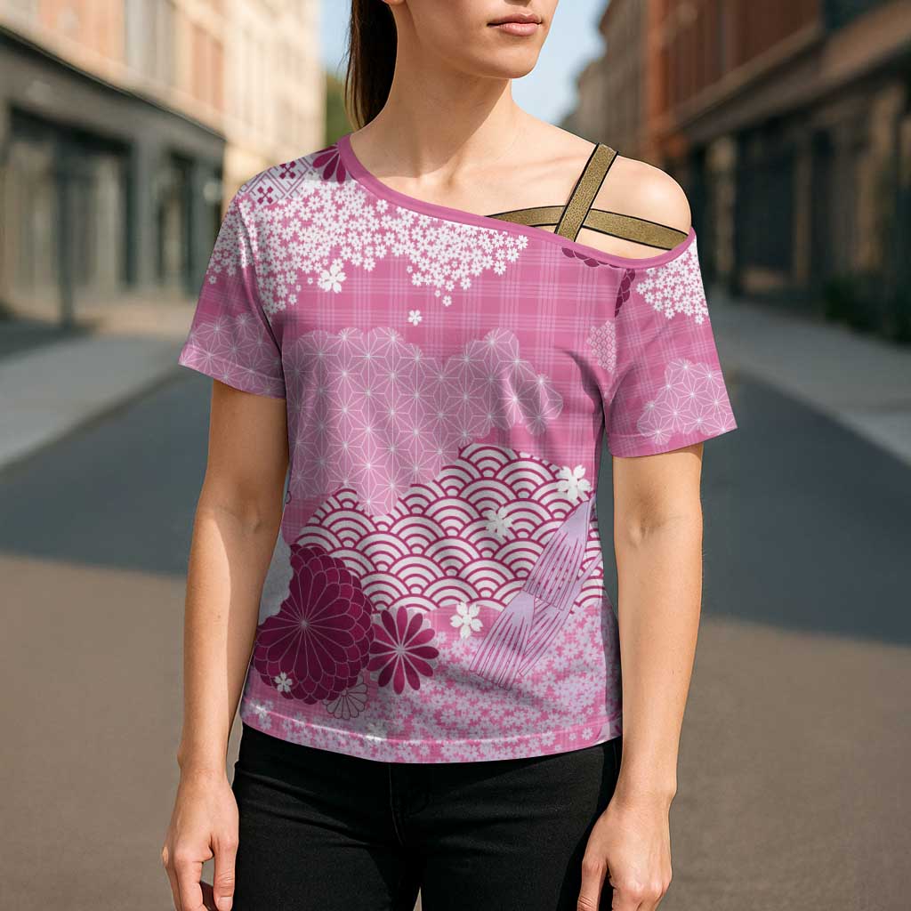Pink Palaka Japanese Patterns Cross Shoulder Shirt Asanoha Seigaiha Sakura Motif - Polynesian Pride
