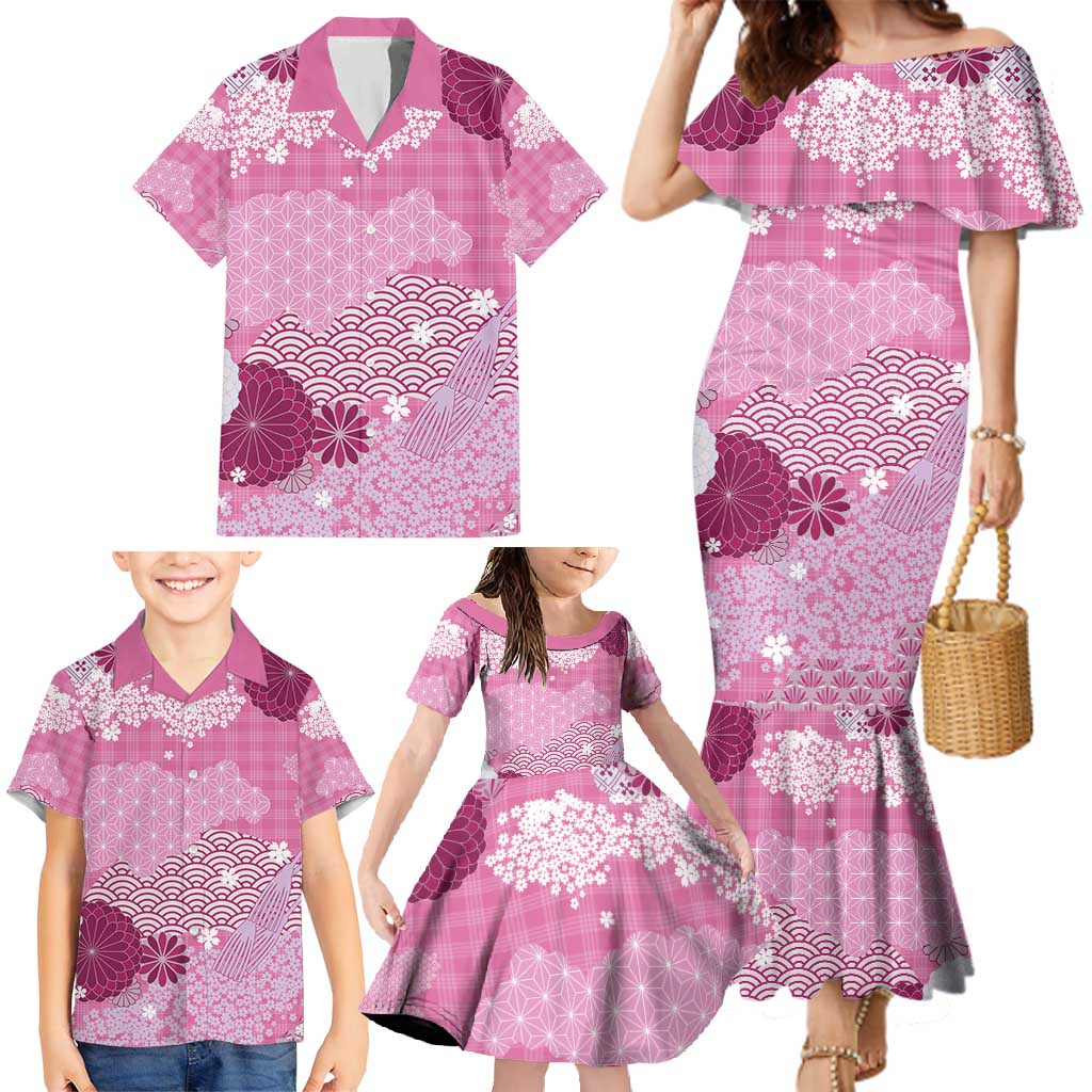 Pink Palaka Japanese Patterns Family Matching Mermaid Dress and Hawaiian Shirt Asanoha Seigaiha Sakura Motif - Polynesian Pride