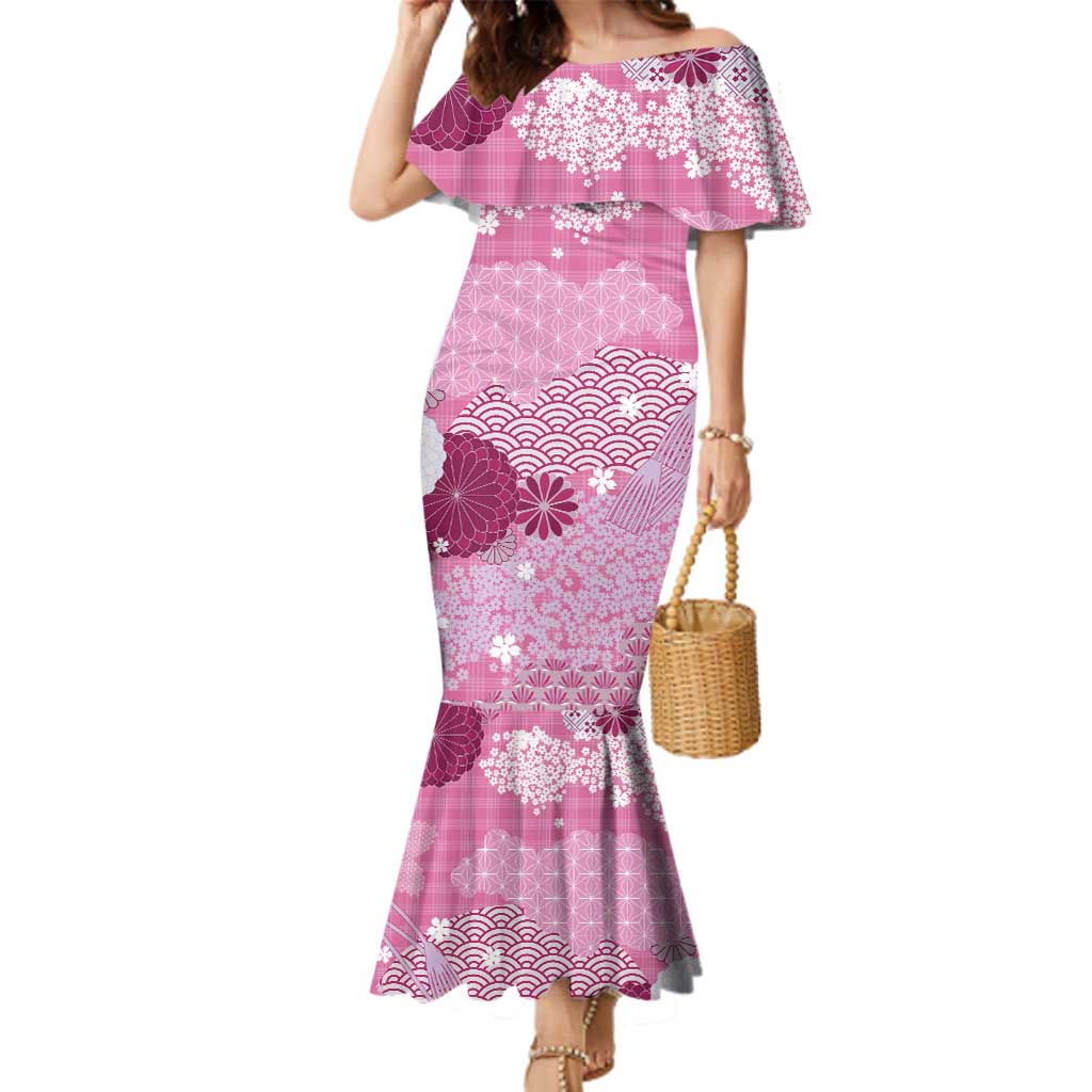Pink Palaka Japanese Patterns Family Matching Mermaid Dress and Hawaiian Shirt Asanoha Seigaiha Sakura Motif - Polynesian Pride