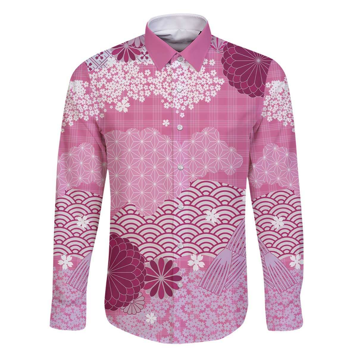 Pink Palaka Japanese Patterns Family Matching Off The Shoulder Long Sleeve Dress and Hawaiian Shirt Asanoha Seigaiha Sakura Motif - Polynesian Pride
