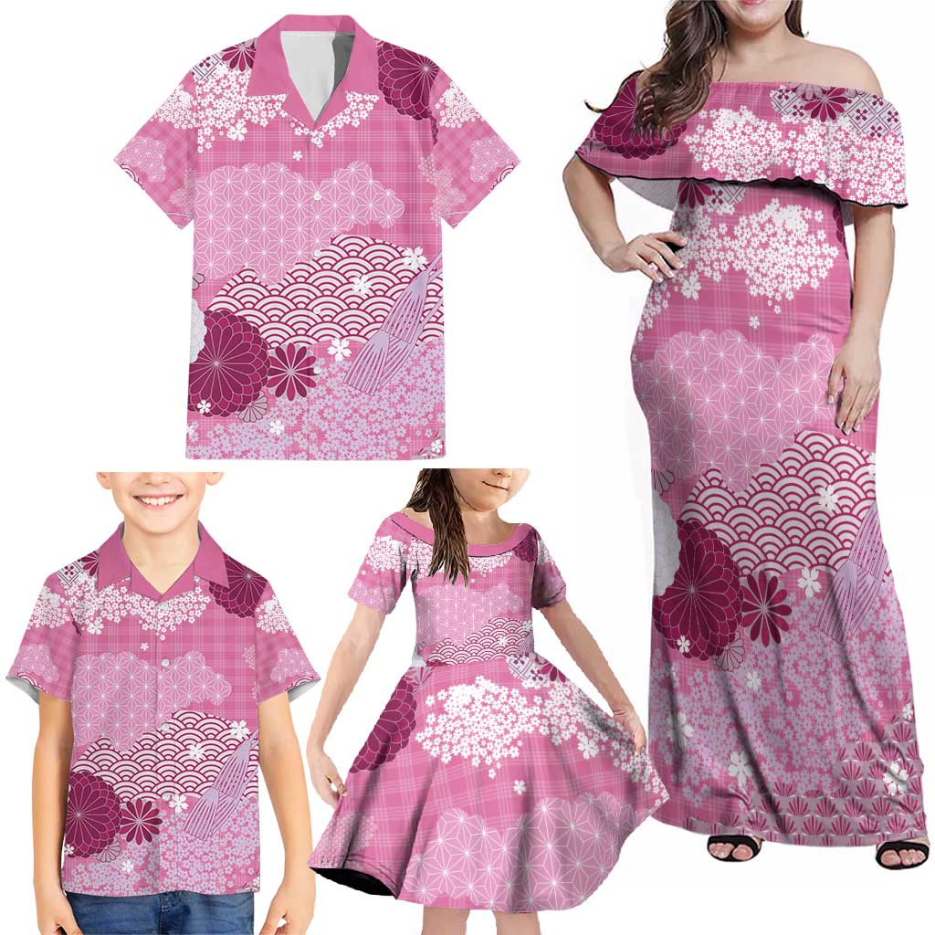 Pink Palaka Japanese Patterns Family Matching Off Shoulder Maxi Dress and Hawaiian Shirt Asanoha Seigaiha Sakura Motif - Polynesian Pride