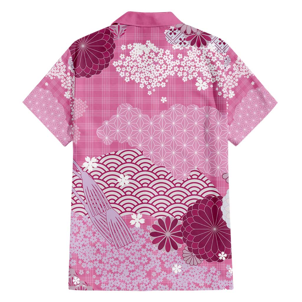 Pink Palaka Japanese Patterns Family Matching Off Shoulder Maxi Dress and Hawaiian Shirt Asanoha Seigaiha Sakura Motif - Polynesian Pride