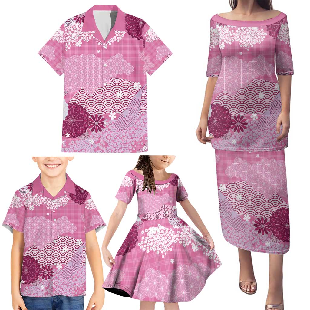 Pink Palaka Japanese Patterns Family Matching Puletasi and Hawaiian Shirt Asanoha Seigaiha Sakura Motif - Polynesian Pride