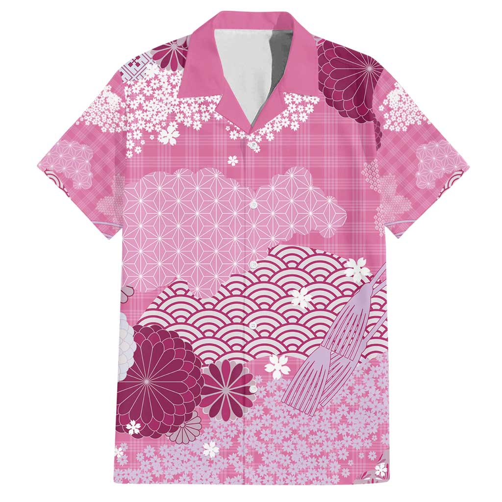 Pink Palaka Japanese Patterns Family Matching Puletasi and Hawaiian Shirt Asanoha Seigaiha Sakura Motif - Polynesian Pride
