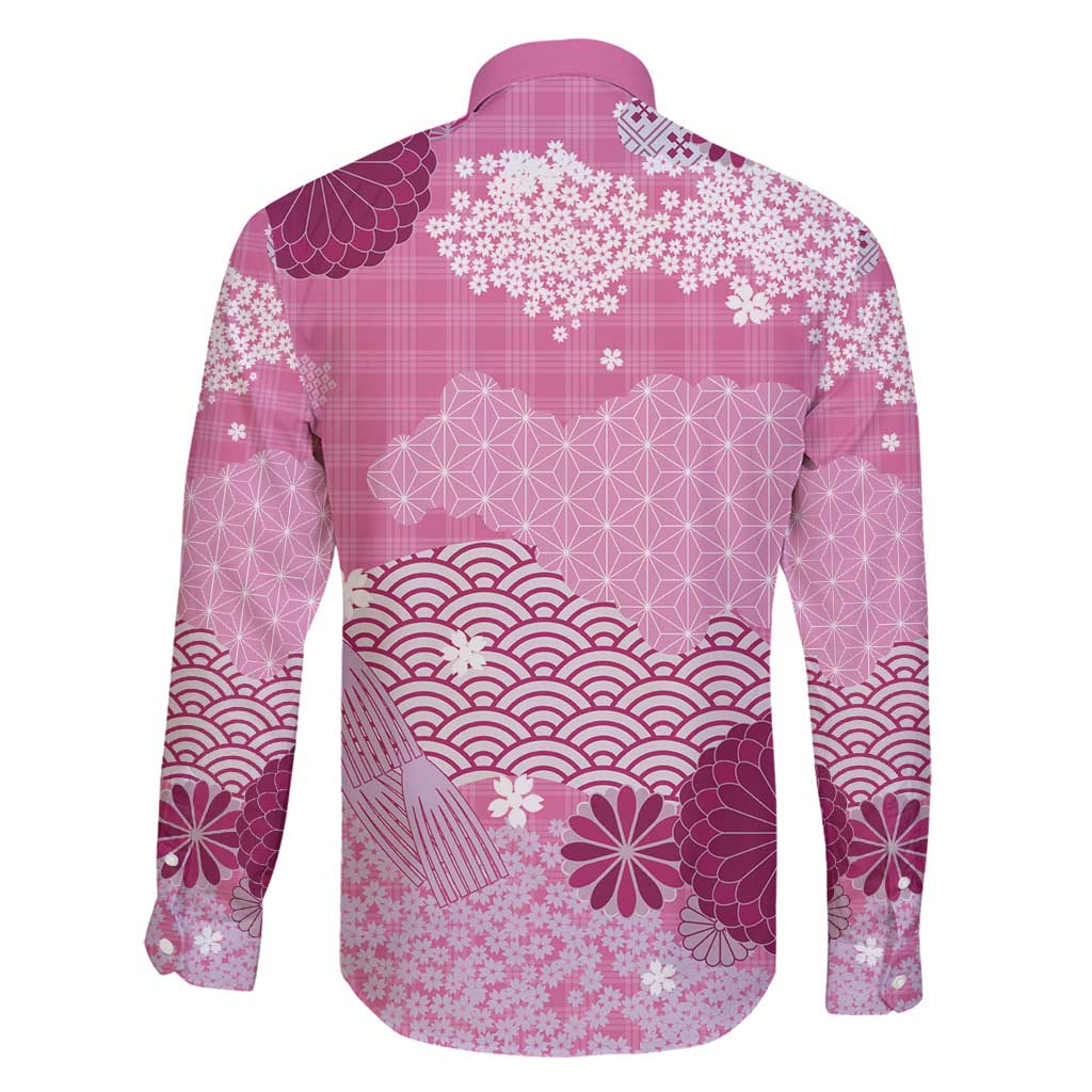 Pink Palaka Japanese Patterns Family Matching Puletasi and Hawaiian Shirt Asanoha Seigaiha Sakura Motif - Polynesian Pride