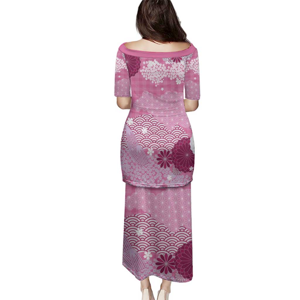Pink Palaka Japanese Patterns Family Matching Puletasi and Hawaiian Shirt Asanoha Seigaiha Sakura Motif - Polynesian Pride