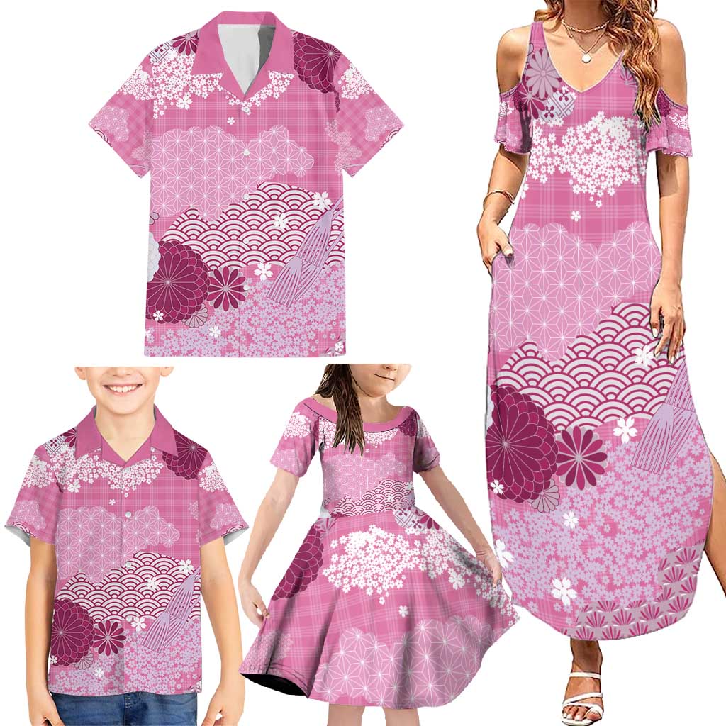 Pink Palaka Japanese Patterns Family Matching Summer Maxi Dress and Hawaiian Shirt Asanoha Seigaiha Sakura Motif - Polynesian Pride