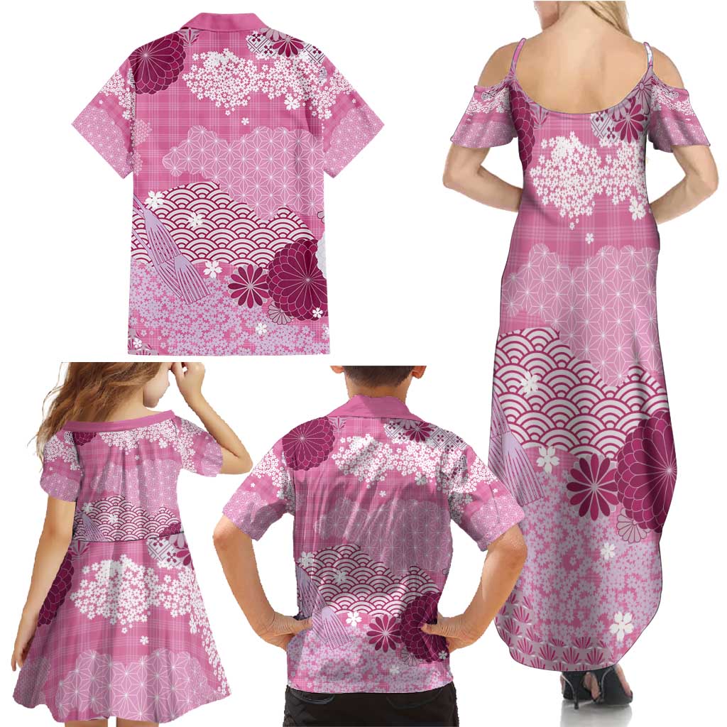 Pink Palaka Japanese Patterns Family Matching Summer Maxi Dress and Hawaiian Shirt Asanoha Seigaiha Sakura Motif - Polynesian Pride