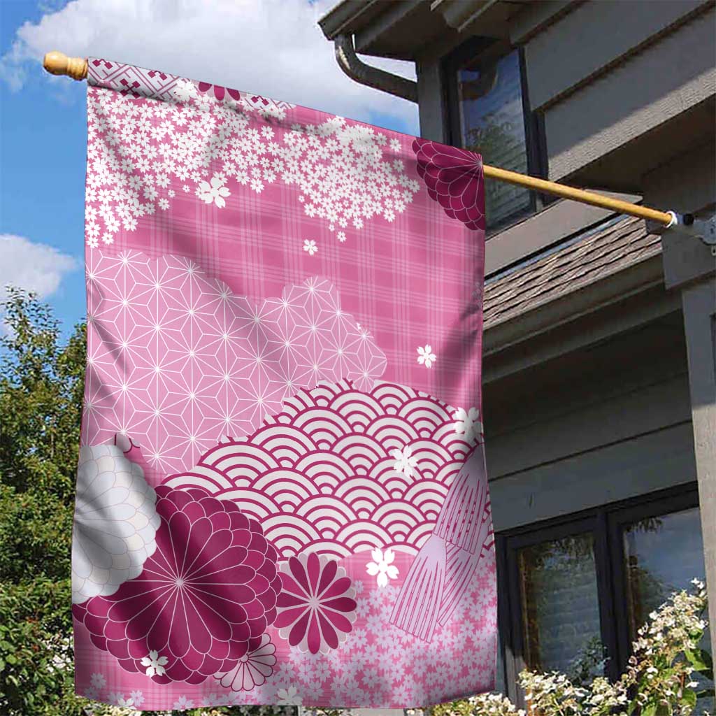 Pink Palaka Japanese Patterns Garden Flag Asanoha Seigaiha Sakura Motif - Polynesian Pride