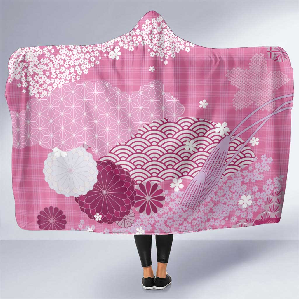 Pink Palaka Japanese Patterns Hooded Blanket Asanoha Seigaiha Sakura Motif - Polynesian Pride