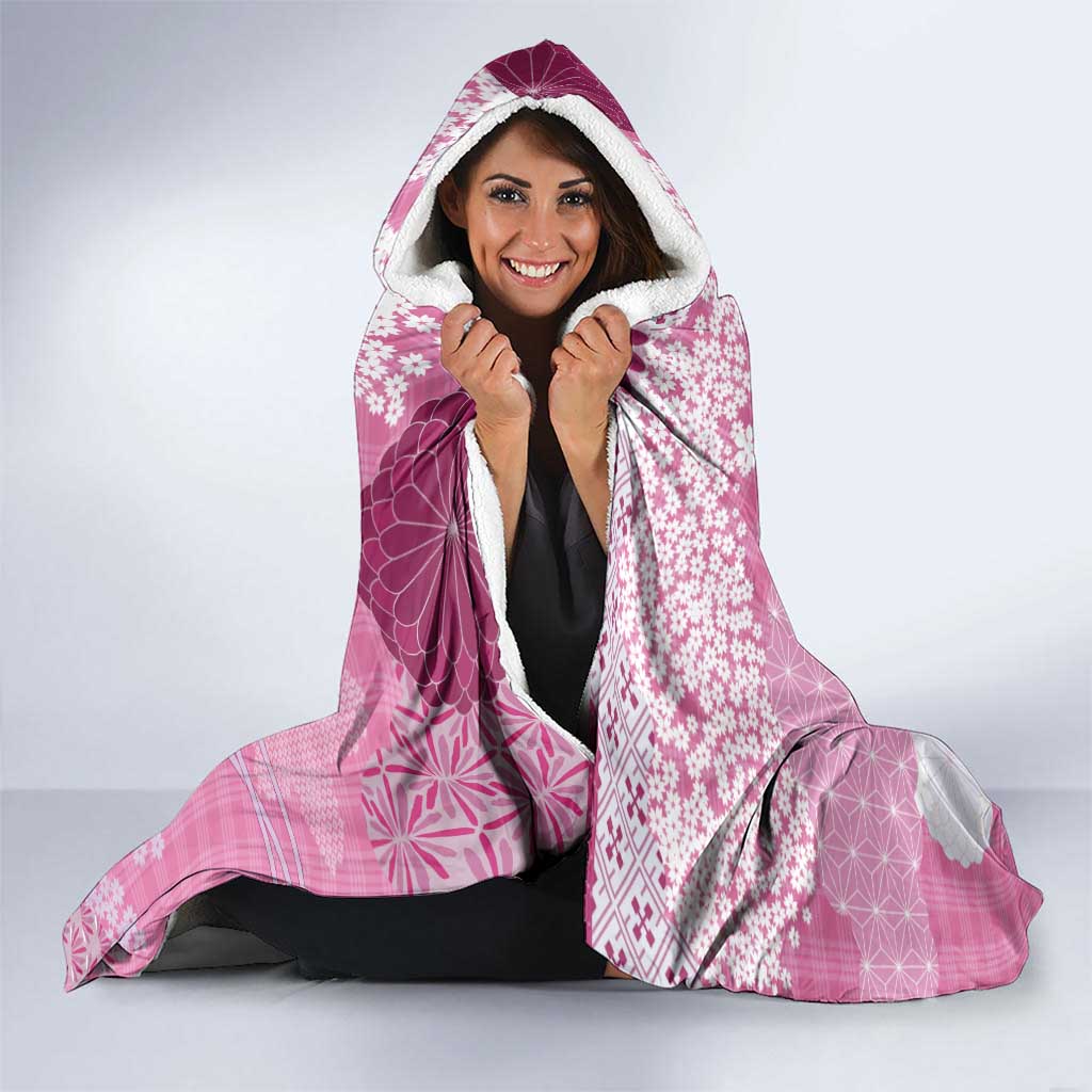 Pink Palaka Japanese Patterns Hooded Blanket Asanoha Seigaiha Sakura Motif - Polynesian Pride