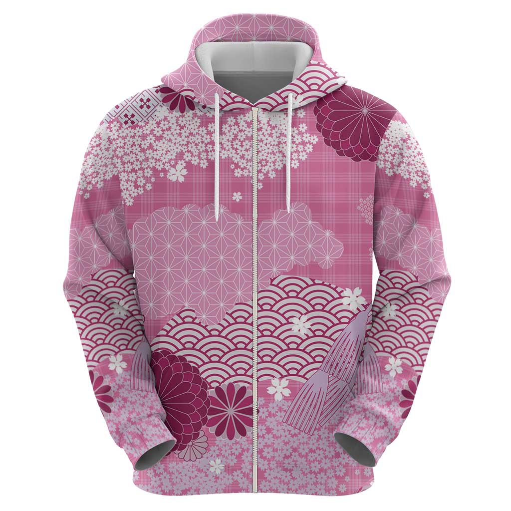 Pink Palaka Japanese Patterns Hoodie Asanoha Seigaiha Sakura Motif - Polynesian Pride