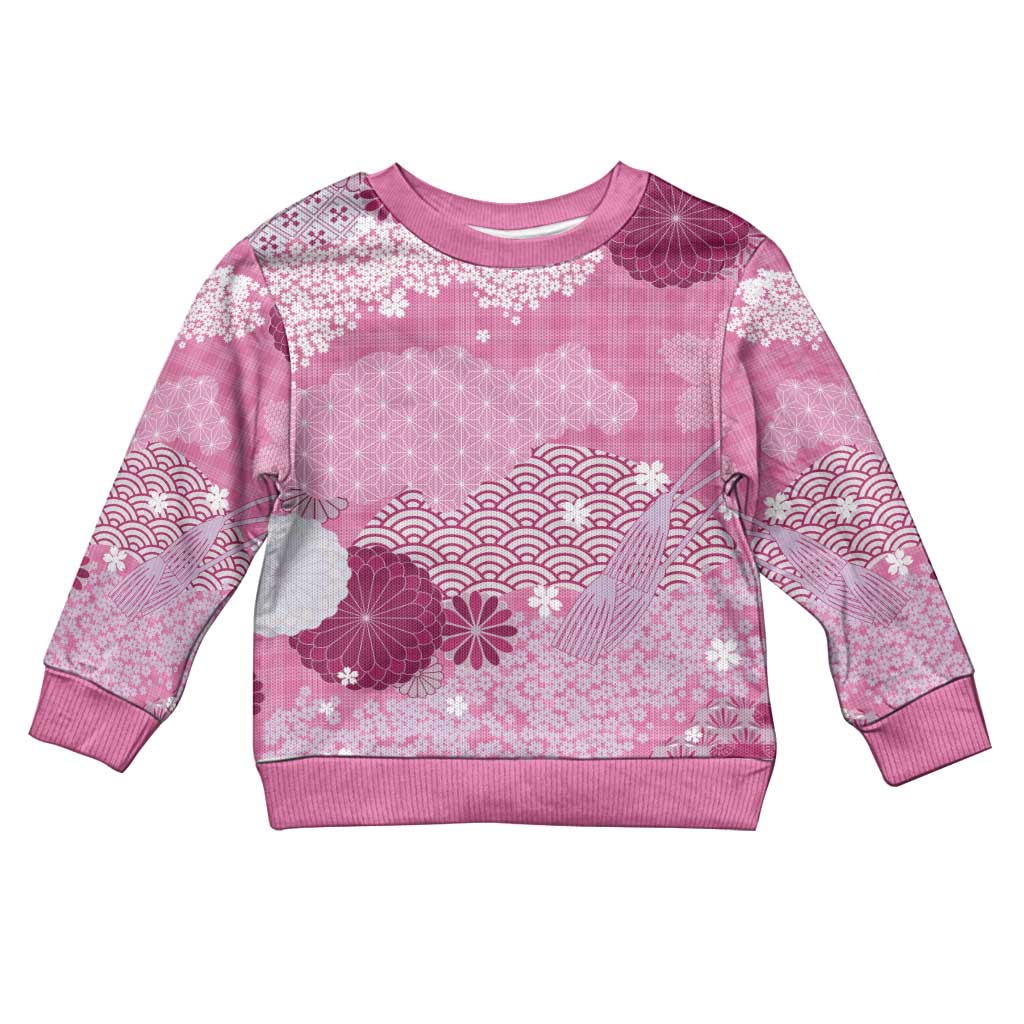 Pink Palaka Japanese Patterns Kid Ugly Christmas Sweater Asanoha Seigaiha Sakura Motif - Polynesian Pride