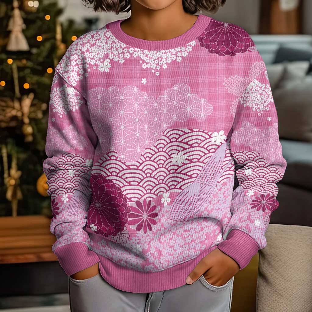 Pink Palaka Japanese Patterns Kid Ugly Christmas Sweater Asanoha Seigaiha Sakura Motif - Polynesian Pride