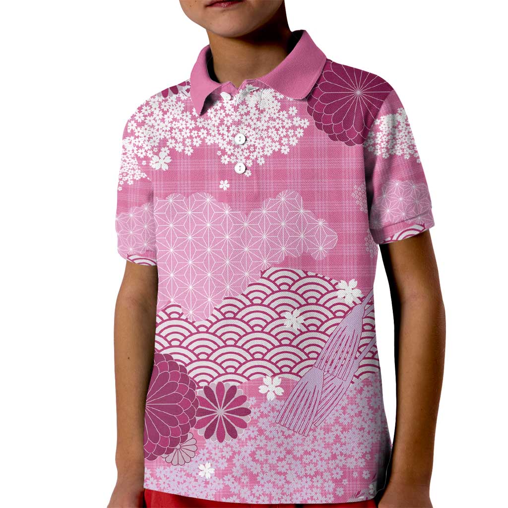Pink Palaka Japanese Patterns Kid Polo Shirt Asanoha Seigaiha Sakura Motif - Polynesian Pride