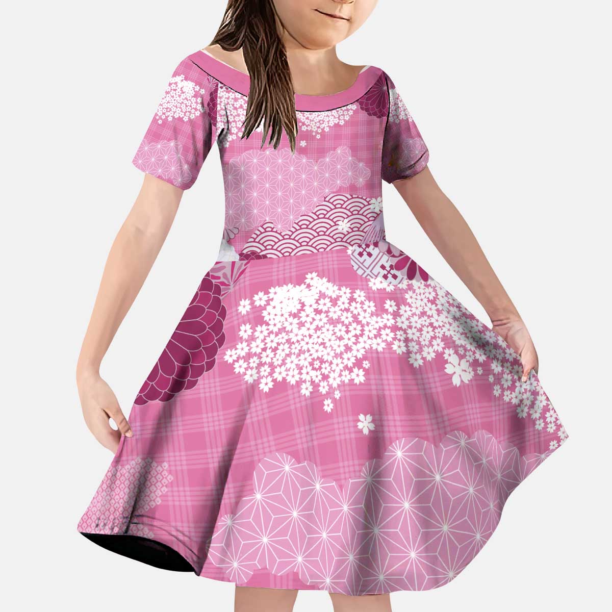 Pink Palaka Japanese Patterns Kid Short Sleeve Dress Asanoha Seigaiha Sakura Motif - Polynesian Pride