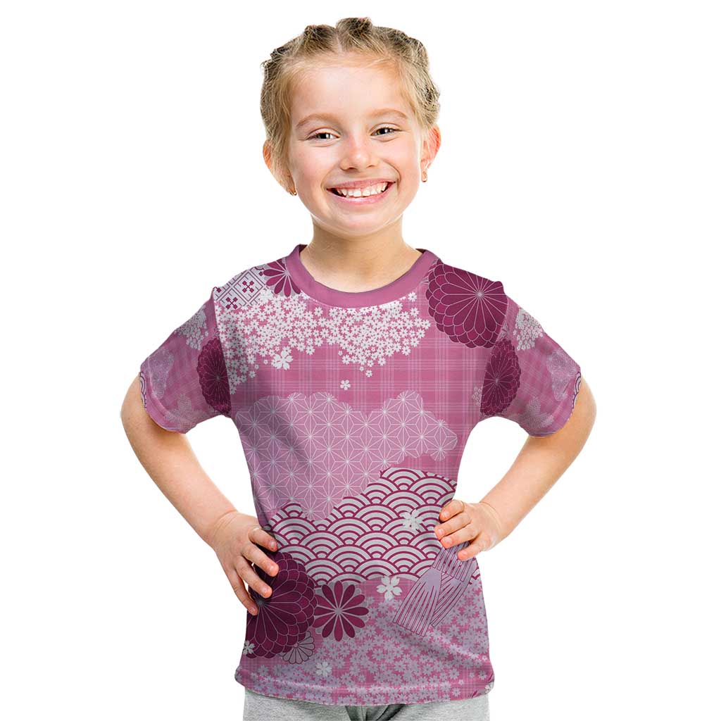 Pink Palaka Japanese Patterns Kid T Shirt Asanoha Seigaiha Sakura Motif - Polynesian Pride