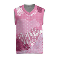 Pink Palaka Japanese Patterns Christmas Knitted V-Neck Vest Asanoha Seigaiha Sakura Motif - Polynesian Pride