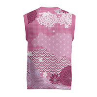Pink Palaka Japanese Patterns Christmas Knitted V-Neck Vest Asanoha Seigaiha Sakura Motif - Polynesian Pride