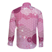 Pink Palaka Japanese Patterns Long Sleeve Button Shirt Asanoha Seigaiha Sakura Motif - Polynesian Pride