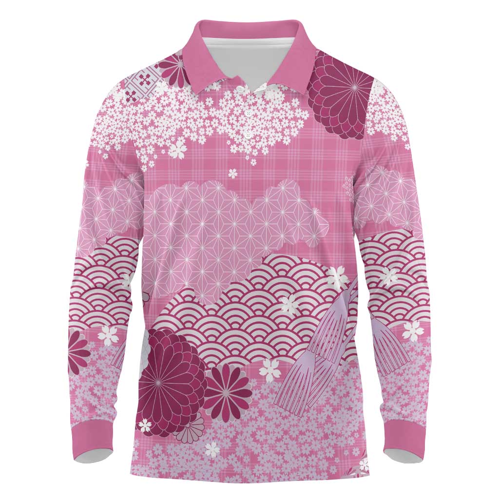 Pink Palaka Japanese Patterns Long Sleeve Polo Shirt Asanoha Seigaiha Sakura Motif - Polynesian Pride