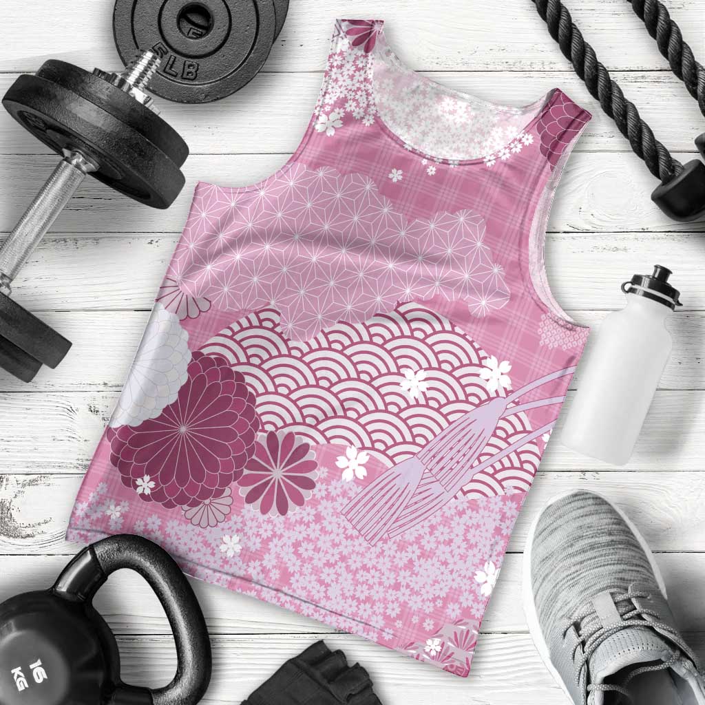 Pink Palaka Japanese Patterns Men Tank Top Asanoha Seigaiha Sakura Motif - Polynesian Pride
