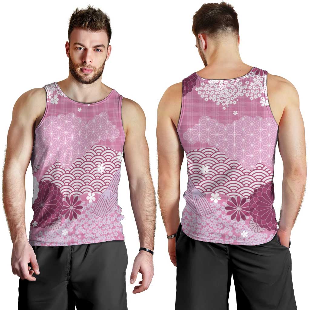Pink Palaka Japanese Patterns Men Tank Top Asanoha Seigaiha Sakura Motif - Polynesian Pride