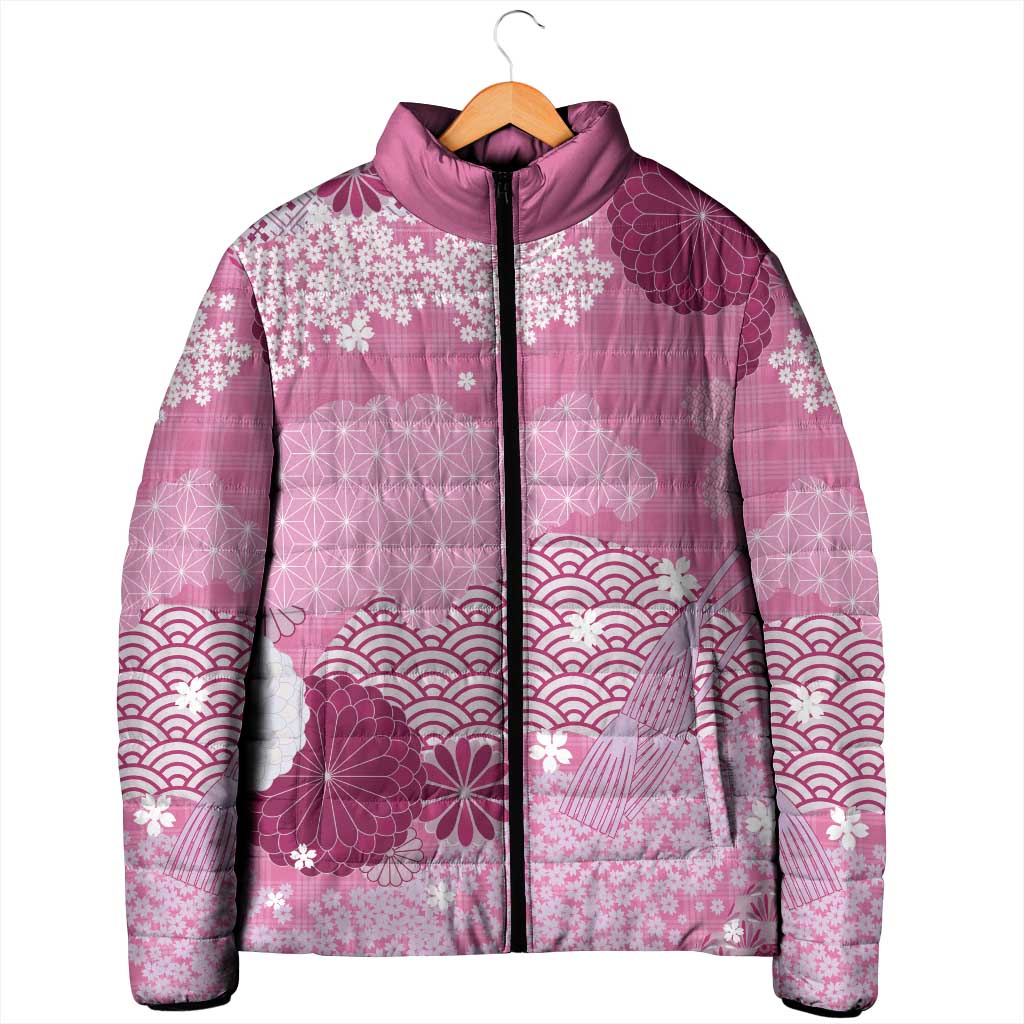 Pink Palaka Japanese Patterns Padded Jacket Asanoha Seigaiha Sakura Motif - Polynesian Pride