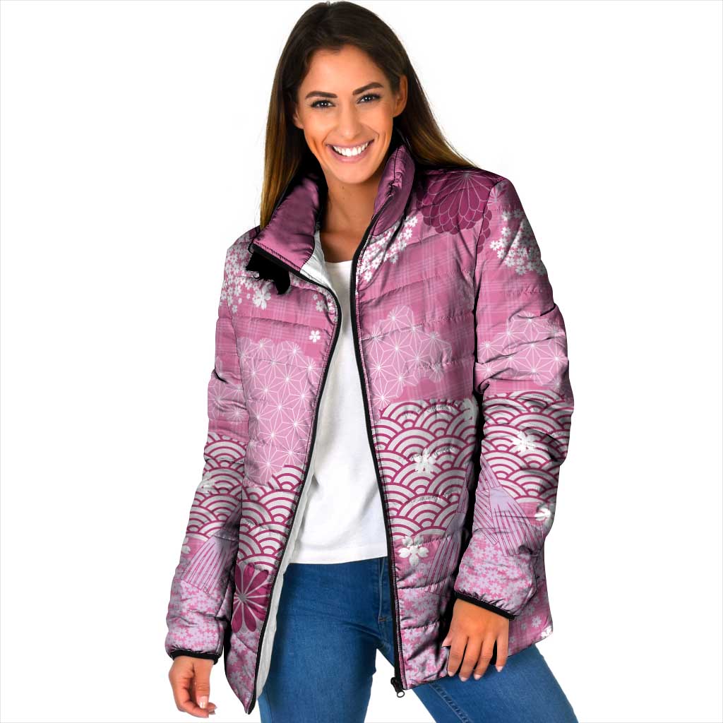 Pink Palaka Japanese Patterns Padded Jacket Asanoha Seigaiha Sakura Motif - Polynesian Pride