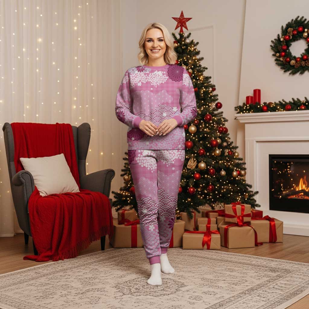 Pink Palaka Japanese Patterns Christmas Pajama Set Asanoha Seigaiha Sakura Motif - Polynesian Pride