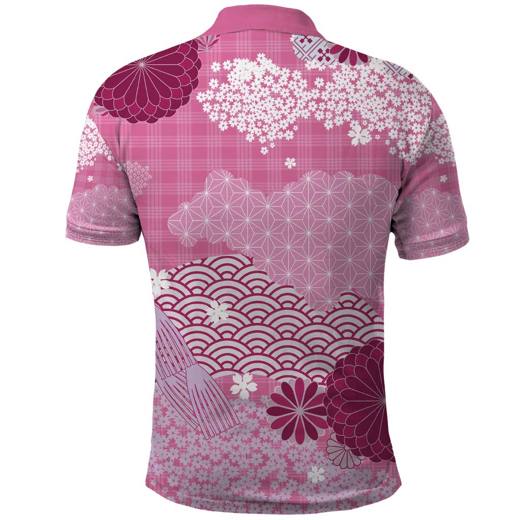 Pink Palaka Japanese Patterns Polo Shirt Asanoha Seigaiha Sakura Motif - Polynesian Pride