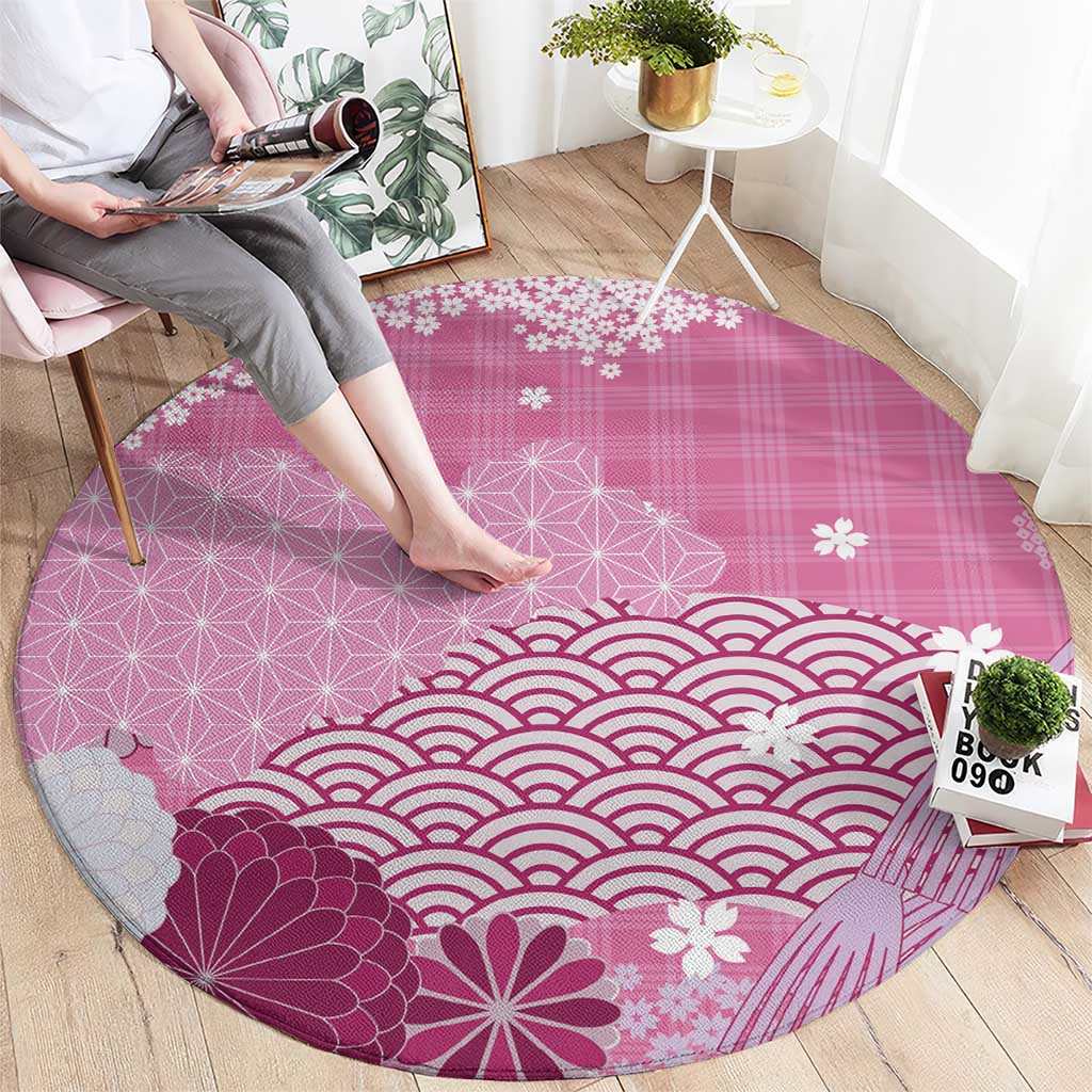 Pink Palaka Japanese Patterns Round Carpet Asanoha Seigaiha Sakura Motif - Polynesian Pride