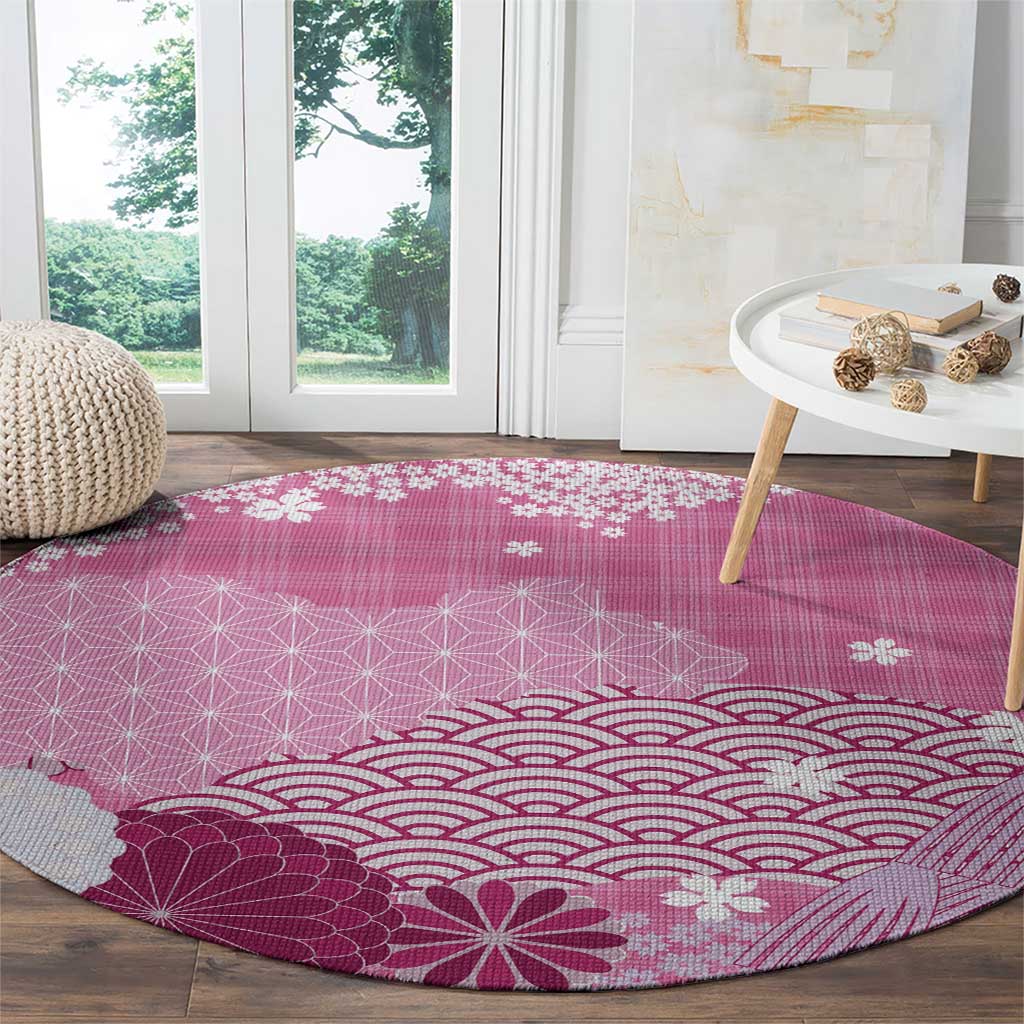Pink Palaka Japanese Patterns Round Carpet Asanoha Seigaiha Sakura Motif - Polynesian Pride