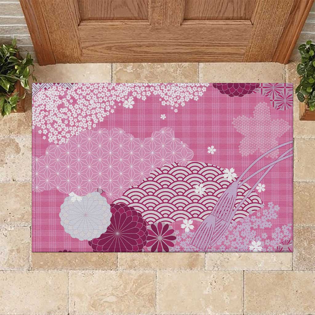 Pink Palaka Japanese Patterns Rubber Doormat Asanoha Seigaiha Sakura Motif - Polynesian Pride