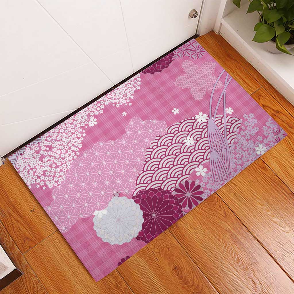 Pink Palaka Japanese Patterns Rubber Doormat Asanoha Seigaiha Sakura Motif - Polynesian Pride