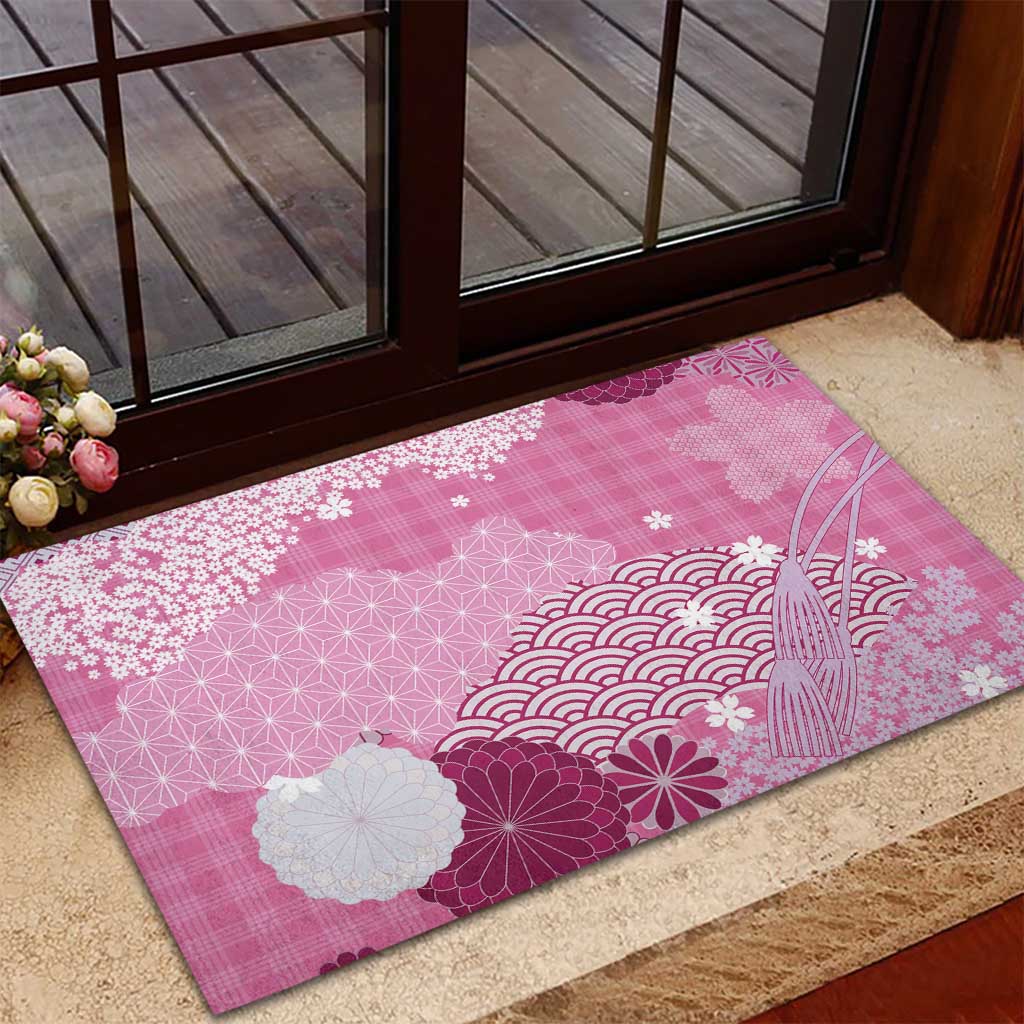 Pink Palaka Japanese Patterns Rubber Doormat Asanoha Seigaiha Sakura Motif - Polynesian Pride