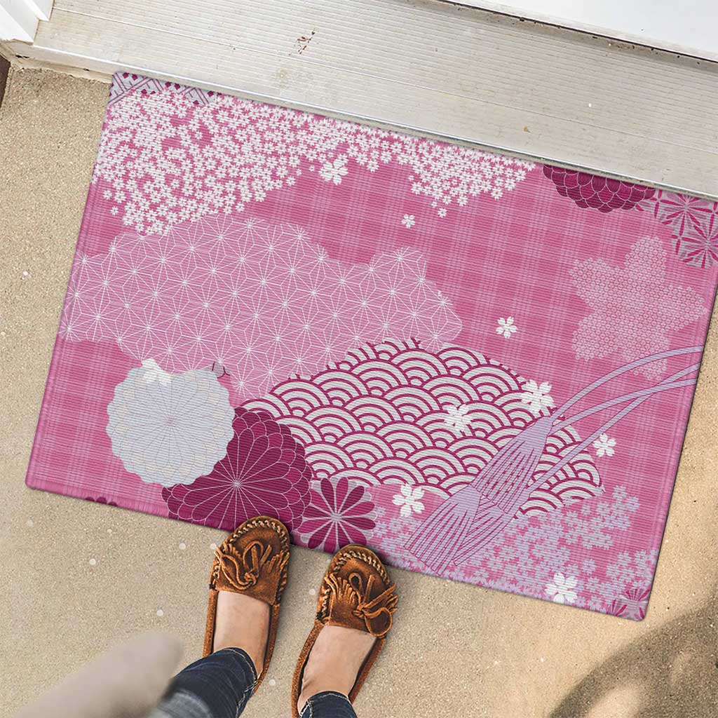 Pink Palaka Japanese Patterns Rubber Doormat Asanoha Seigaiha Sakura Motif - Polynesian Pride